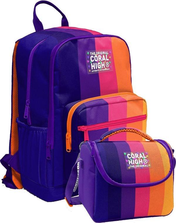 Coral High İlkokul ve Ortaokul Sırt Çantası ve Beslenme Seti - Kız Çocuklar İçin Mor Turuncu Renkli Çizgili - Image 1