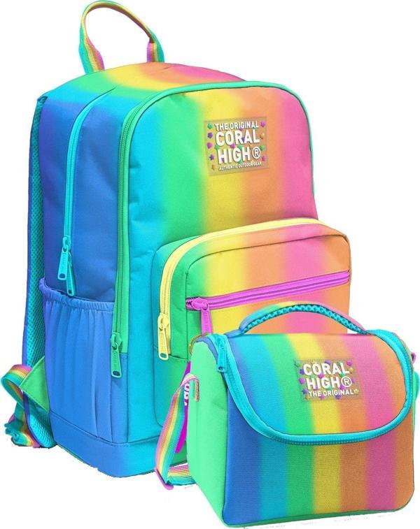 Coral High İlkokul ve Ortaokul Sırt Çantası ve Beslenme Seti - Kız Çocuklar İçin Renkli Çizgili Mavi Turuncu - Image 1
