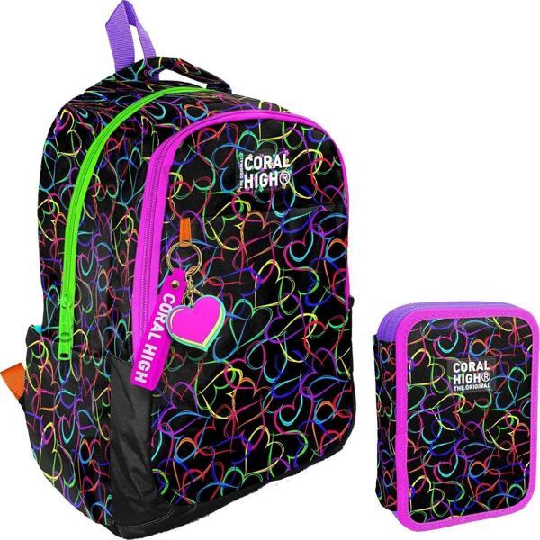 Coral High Kalp Baskılı Siyah Pembe Kız Çocuk Okul Çantası ve Organizer Kalemlik Seti 23670+11145 - Image 1