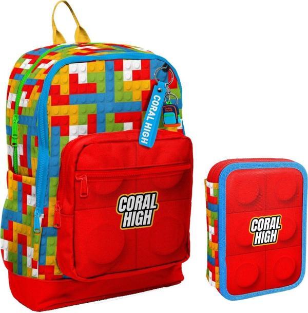 Coral High Kırmızı Yapı Blokları Erkek Çocuk Okul Çantası ve Organizer Kalemlik Seti 23775 11157 - Image 1