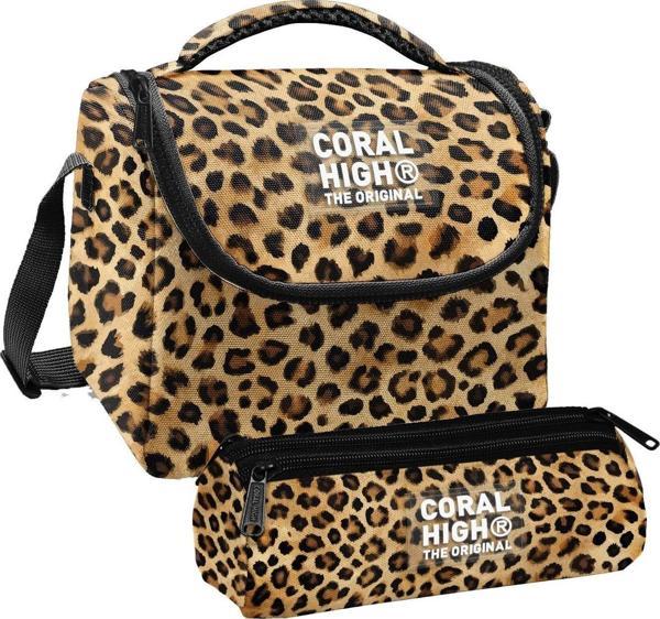 Coral High Kız Çocuk Kahverengi Leopar Thermo Beslenme Çantası ve Üç Bölmeli Kalem Çantası Seti - Image 1