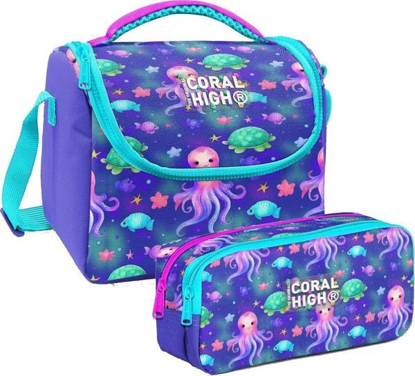 Coral High Kız Çocuk Lavanta Turkuaz Deniz Anası Thermo Beslenme Çantası ve İki Bölmeli Kalemlik Seti - Image 1