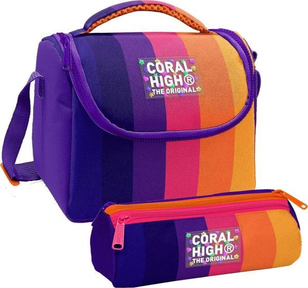 Coral High Kız Çocuk Mor Turuncu Renkli Çizgili Thermo Beslenme Çantası ve Üç Bölmeli Kalemlik Seti - Image 1