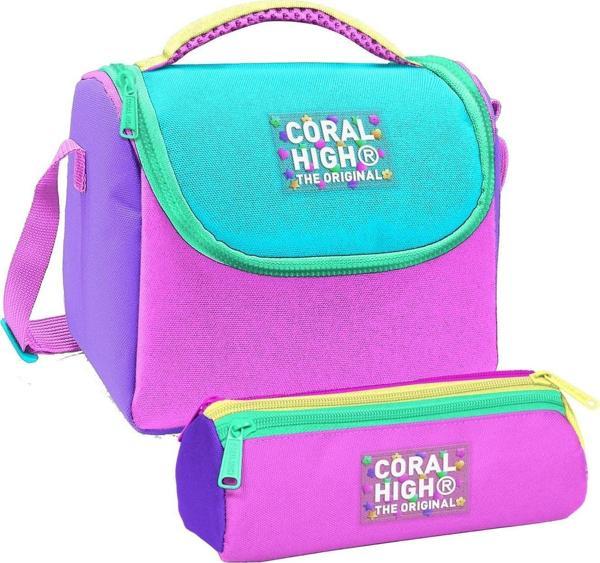 Coral High Kız Çocuk Mor Yeşil Pembe Çok Renkli Thermo Beslenme Çantası ve Üç Bölmeli Kalemlik Seti - Image 1