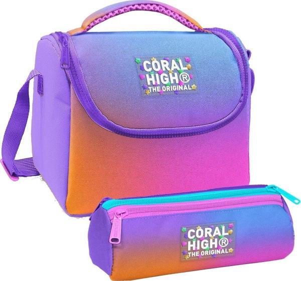 Coral High Kız Çocuk Turuncu Mor Renk Geçişli Thermo Beslenme Çantası ve Üç Bölmeli Kalemlik Seti - Image 1