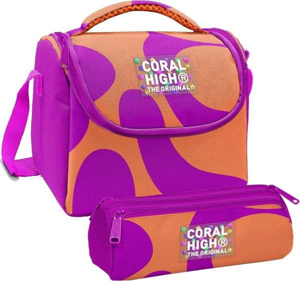 Coral High Kız Çocuk Turuncu Mor Renkli Çizgili Thermo Beslenme Çantası ve Üç Bölmeli Kalem Çantası Seti - Image 1