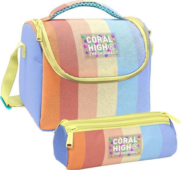 Coral High Kız Çocuk Turuncu Sarı Mavi Renkli Çizgili Thermo Beslenme Çantası ve Üç Bölmeli Kalemlik Seti - Image 1