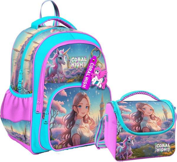 Coral High Kız Çocuklara Özel İlkokul Çantası ve Beslenme Çantası Takım - Turkuaz Pembe Anime Kız - Image 1