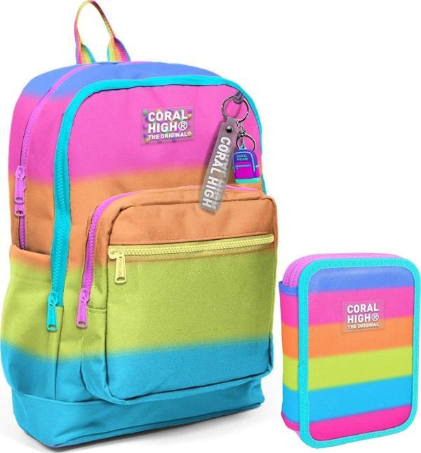 Coral High Pembe Turuncu Renk Geçişli Kız Çocuk Okul Çantası ve Organizer Kalemlik Seti 23770 11140 - Image 1