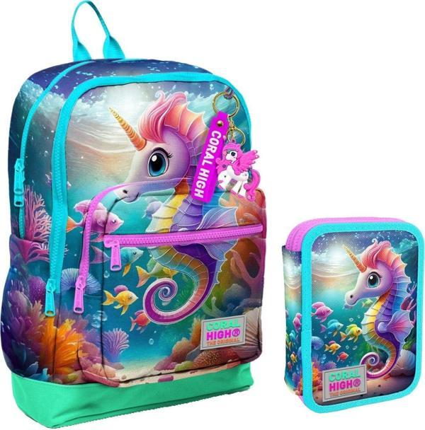 Coral High Su Yeşili Denizatı Kız Çocuk Okul Çantası ve Organizer Kalemlik Seti 23772 11144 - Image 1