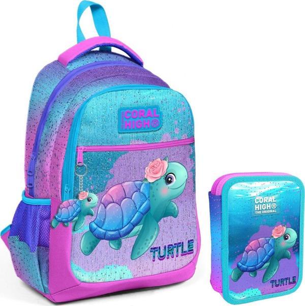 Coral High Turkuaz Pembe Kaplumbağa Kız Çocuk Okul Çantası ve Organizer Kalemlik Seti 23497+11134 - Image 1