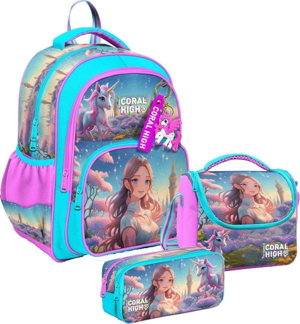 Coral High Üç Bölmeli Turkuaz Pembe Anime Kız, Kız Çocuk, İlkokul Üçlü Okul Çanta Seti - Image 1