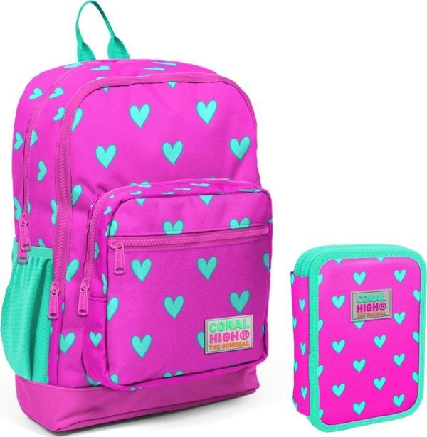 Coral High Yeşil Pembe Kalp Desenli Kız Çocuk Okul Çantası ve Organizer Kalemlik Seti 23113 11133 - Image 1