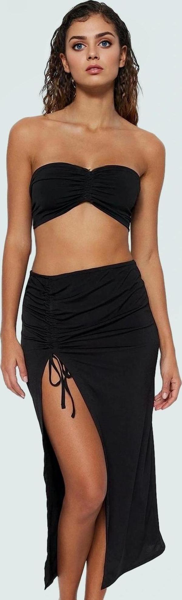 Kadın Örme Fitted Straplez Bluz Etek Plaj Takımı Dar Paça Modern Stil Premium Kalite - Image 1