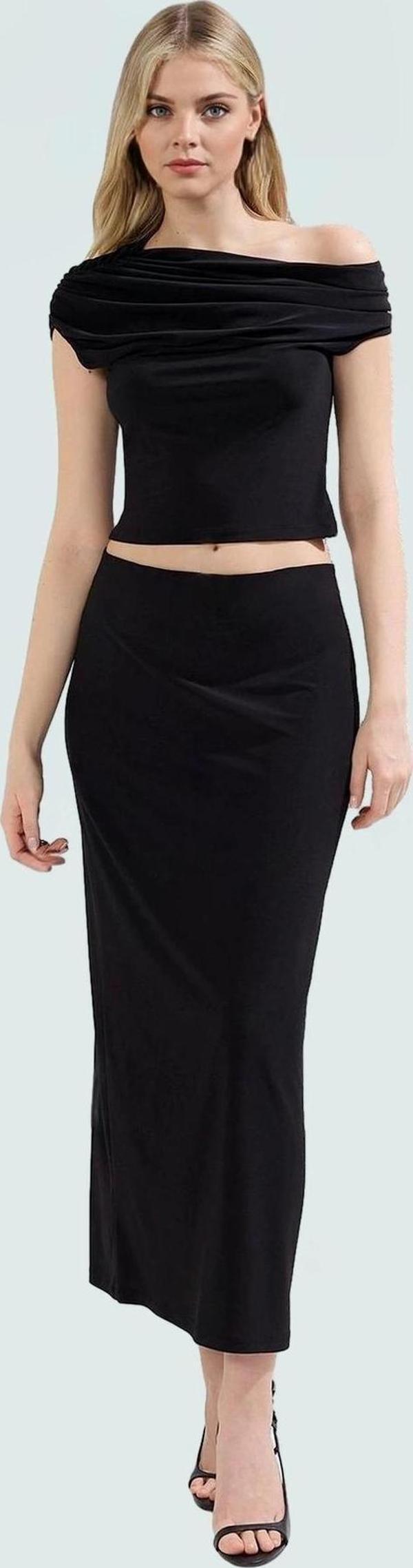 Asimetrik Yaka Kısa Kollu Örme Ekose Takım Elbise 97 Polyester 3 Elastan Günlük Stil Yüksek Kalite - Image 1