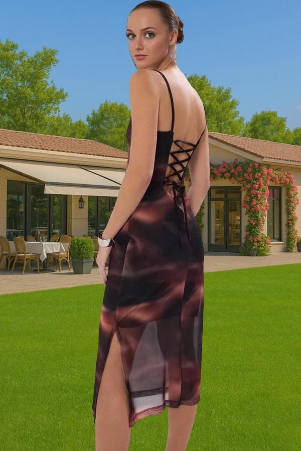 Midi Boy Baskılı Örme Tül Elbise Esnek Kalıp Kare Yaka Yüksek Kalite Kaliteli İşçilik - Image 1