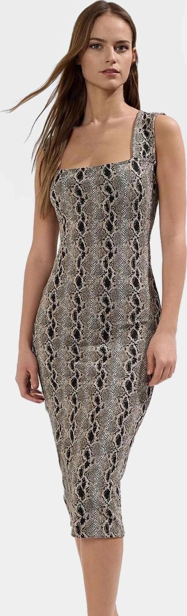 Animal Desenli Kare Yaka Bodycon Midi Örme Elbise Yazlık Rahat Şık Özel Tasarım - Image 1