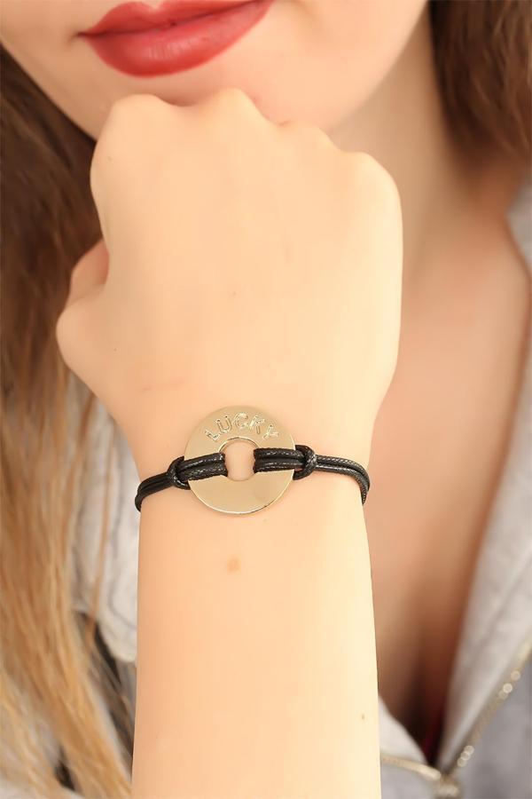 LUCKY (Şanslı) Siyah Deri İpli Unisex Mood Bileklik - EBJ250705W36387 - Image 1