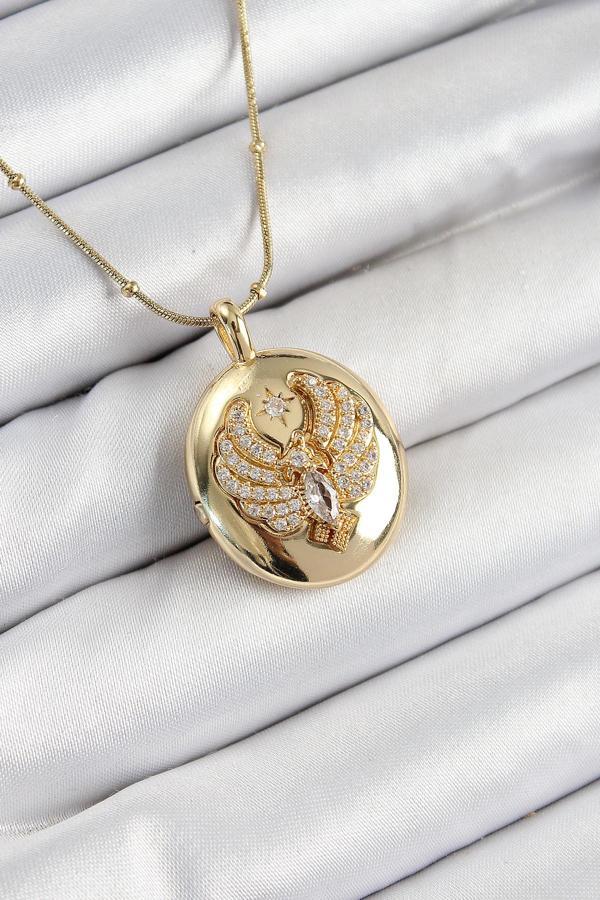  Zincir Açılabilir Anka Kuşu Model Zirkon Taşlı Gold Renk Kadın Kolye - EBJ250711W36542 - Image 1