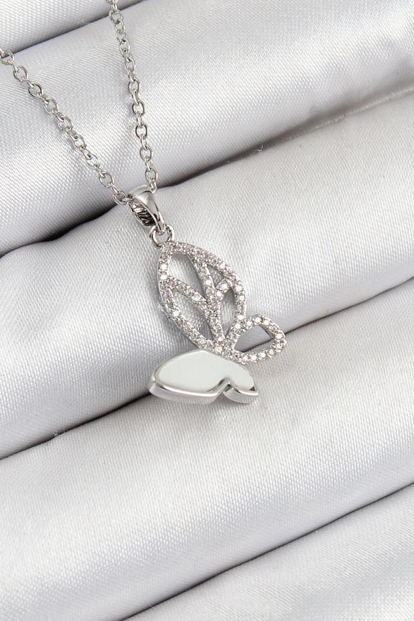  Zirkon Taşlı Kelebek Model Gümüş Renk Kadın Kolye - EBJ250711W36527 - Image 1