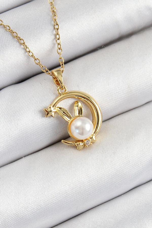  İnci Detaylı Hilal Tavşan Model Gold Renk Kadın Kolye - EBJ250711W36514 - Image 1