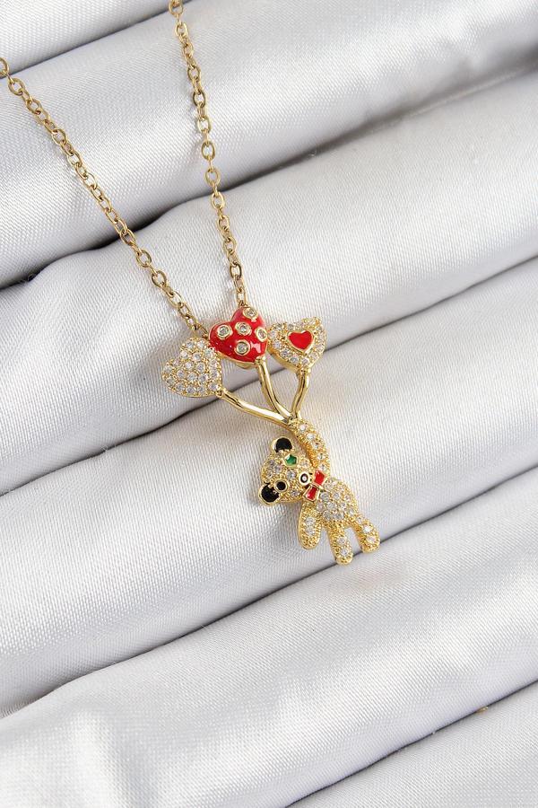  Zirkon Taşlı Uçan Balonlu Ayıcık Model Gold Renk Kadın Kolye - EBJ250711W36522 - Image 1