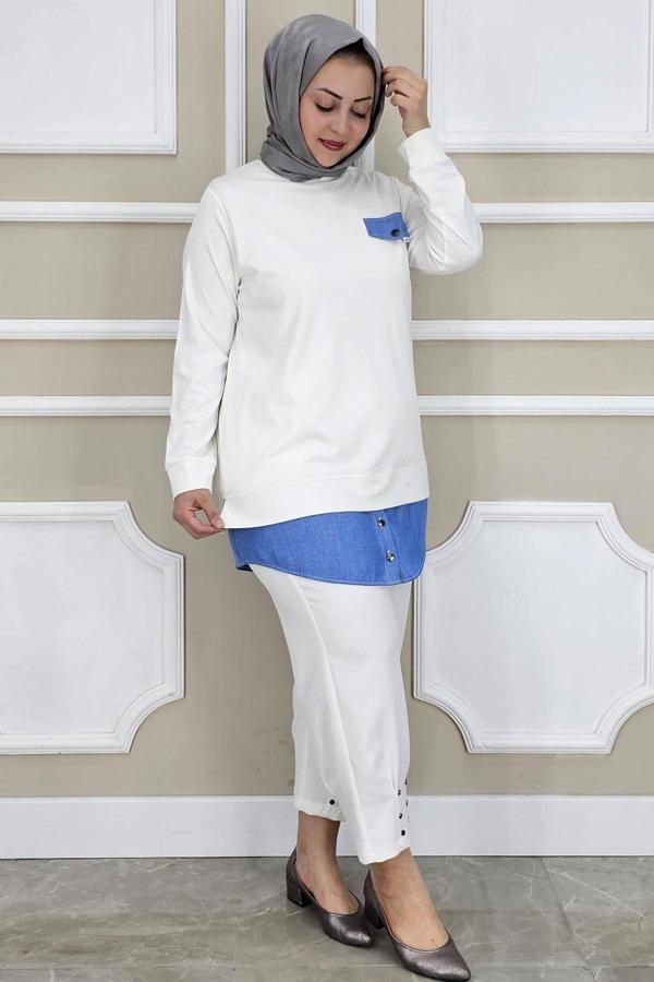 KADIN KOT KOMBİNLİ DÜĞME DETAYLI TESETTÜR TUNİK - Image 1