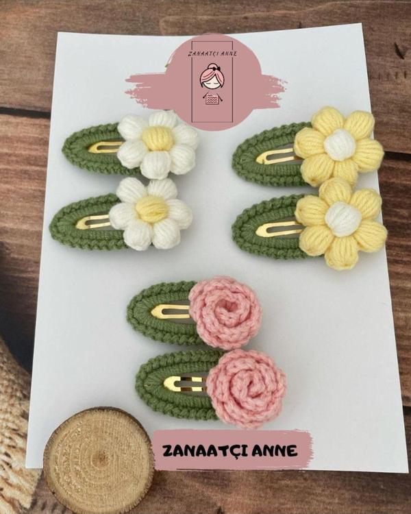 Zanaatçı Anne Amigurumi El Örgüsü 4'Lü Papatya Ve 2'Li Gül Çıt Çıtlı Kız Çocuk Toka Seti - Image 1