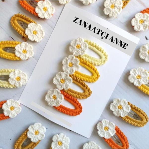 Zanaatçı Anne Amigurumi El Yapımı 4'Lü Renkli Papatya Çıt Çıtlı Toka Seti - Image 1