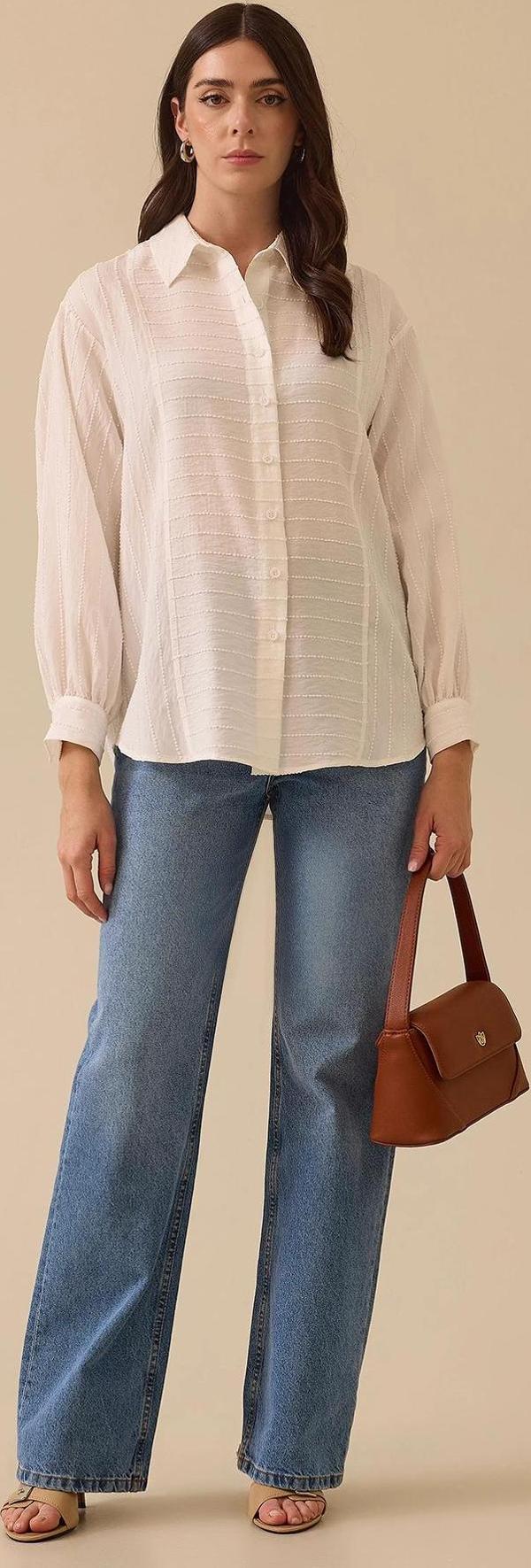 Seçil Kadın Dokulu Çizgi Detaylı Gömlek 0033 Beyaz - Image 1