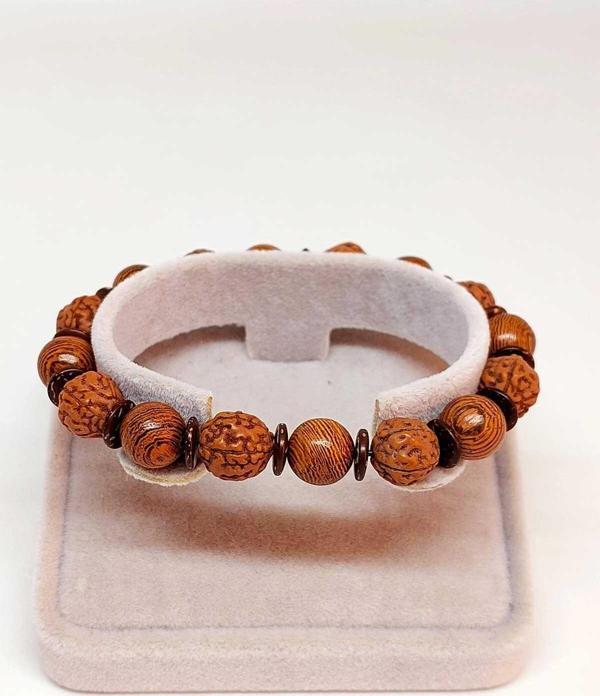Hindistan Cevizi, Rudraksha & Venge Unisex 10mm Ahşap Tasarım Bileklik (39670) - Image 1
