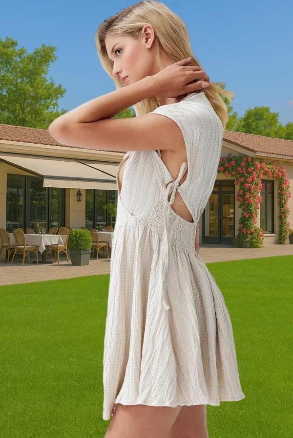 Keten Karışımlı V Yaka Mini Elbise Cut Out Detaylı Yazlık Elbise Profesyonel Görünüm Trend Tasarım - Image 1