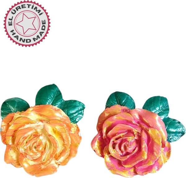 Uretti - Ayşe 7362 0385 El Yapımı Minik 2'li Pembe - Turuncu Renk Gül Magnet - 6 x 7 cm - Image 1