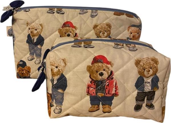 Uretti - Petek 7523  El Yapımı Teddy Bear Temalı 2'li Bakım / Portföy Çantası Seti - Image 1