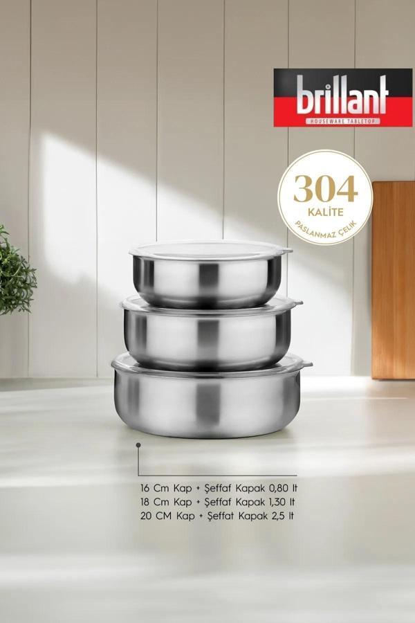 6 Parça Aldip Çelik Saklama Kabı Seti 3'lü (16-18-20 cm) - Şeffaf Kapaklı Metal Saklama Kabı - Image 1