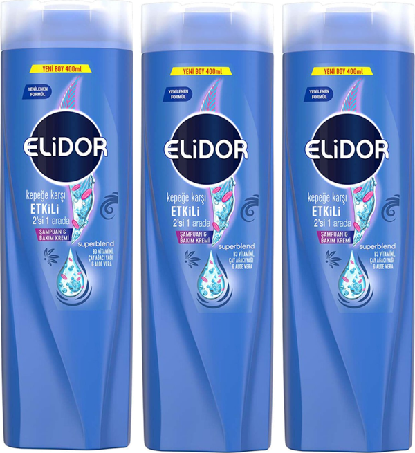 Elidor Superblend Şampuan ve Bakım Kremi Kepeğe Karşı Etkili 2'si 1 Arada B3 Vitamini Çay Ağacı Yağı Aloe Vera 400 ml x3 - Image 1