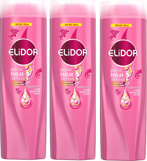 Elidor Superblend Şampuan ve Bakım Kremi Güçlü ve Parlak 2'si 1 Arada E Vitamini Makademya Yağı Kolajen 400 ml x3 - Image 1