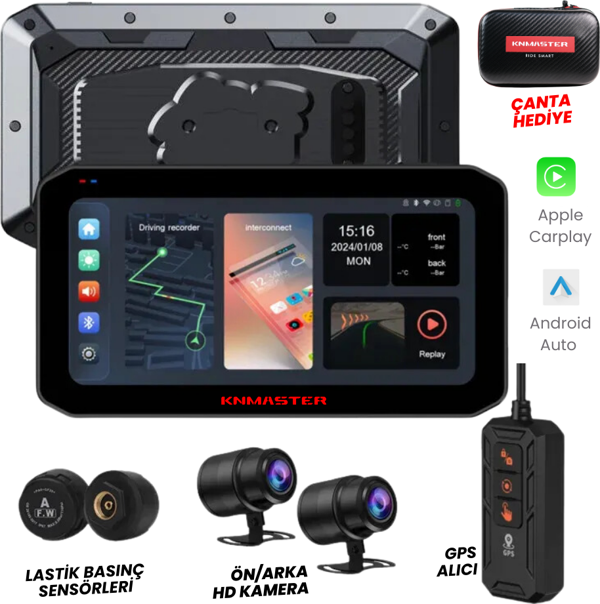 KNMASTER MOTOPLAY 2000 – 6.25” 2K Çift Kameralı Kablosuz CarPlay & Android Auto Destekli Motosiklet Multimedya Ekranı - Image 1