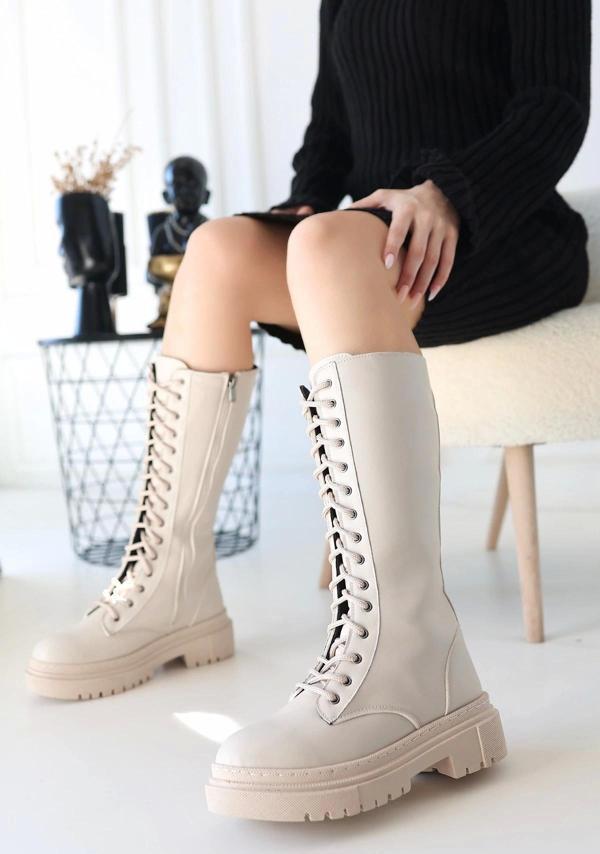 Mennd Bej Cilt Bağcıklı Çizme - Image 1