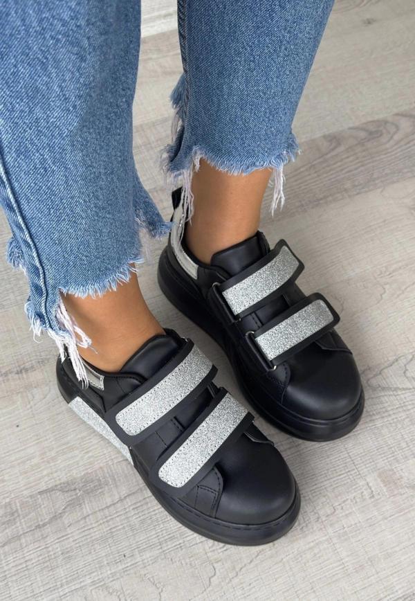 Nino Siyah Cilt Simli Cırt Cırtlı Spor Ayakkabı - Image 1