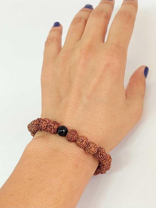 Obsidyen Taşlı Rudraksha Tohum Unisex Bileklik 8mm - Image 1