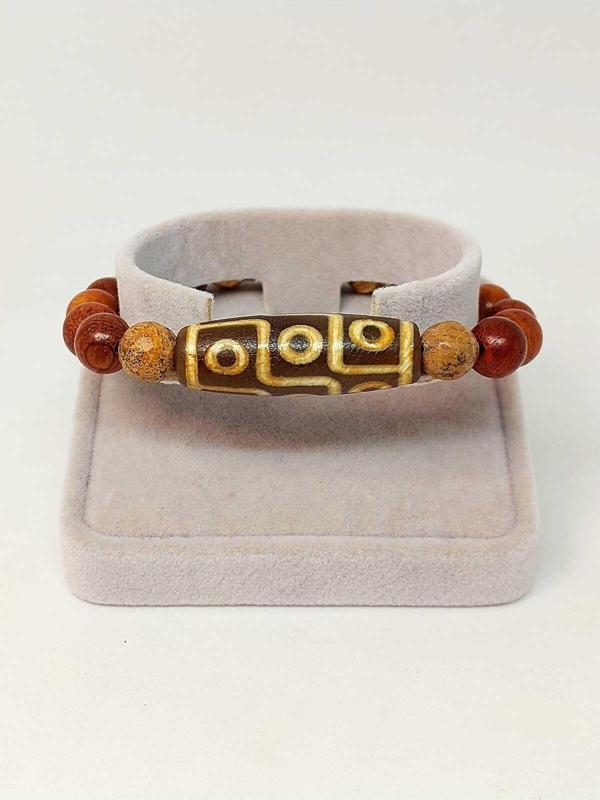 Tibet Akik & Jasper Taşlı Dokuz Göz Sembollü Unisex Ahşap Bileklik 8mm - Image 1