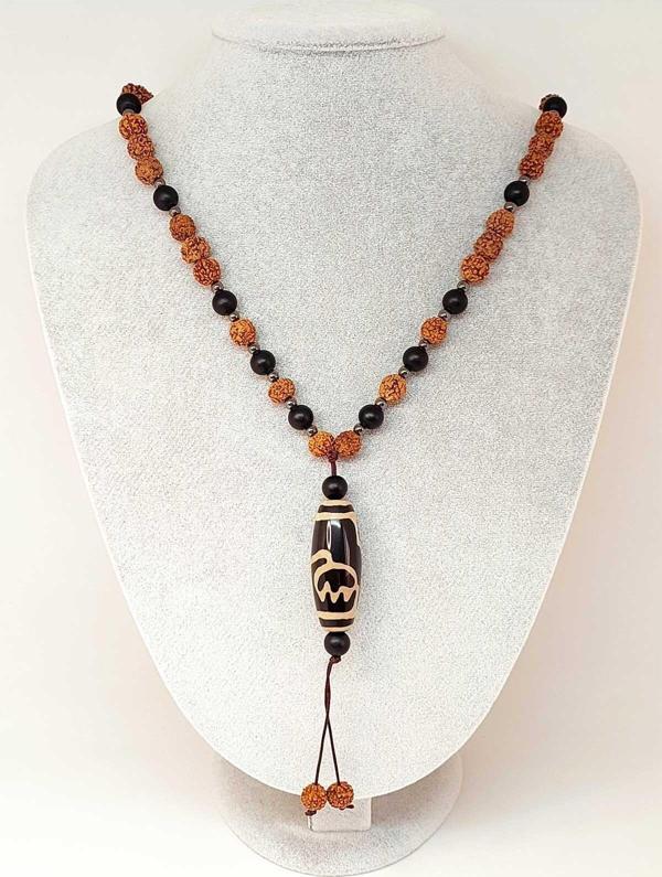 Tibet Akik & Oniks Taşlı Lotus Sembollü Rudraksha Unisex Kolye 8mm - Image 1