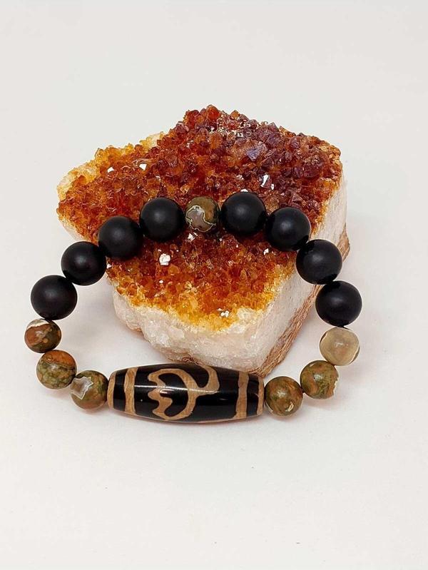 Tibet Akik, Shungit & Riyolit Taşlı Lotus Sembollü Unisex Bileklik 10-12mm - Image 1