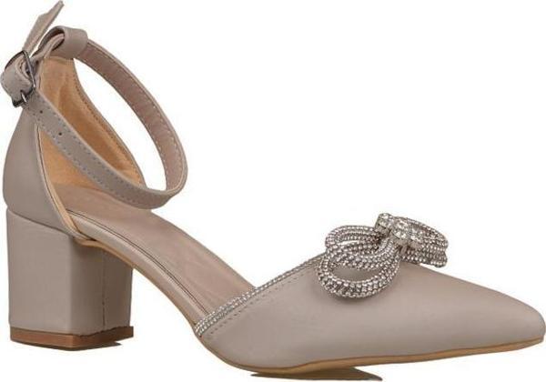 Trend Adımlar Krem Taşlı Fiyonk Detaylı Kadın Saten Klasik Ayakkabı - Image 1