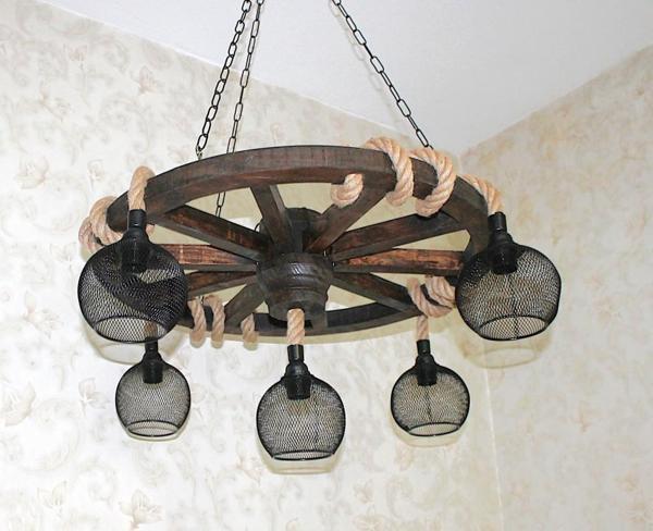 Otantik Çarşı Ahşap Teker Avize 70  cm. 5 Duylu Metal Kafesli - Image 1