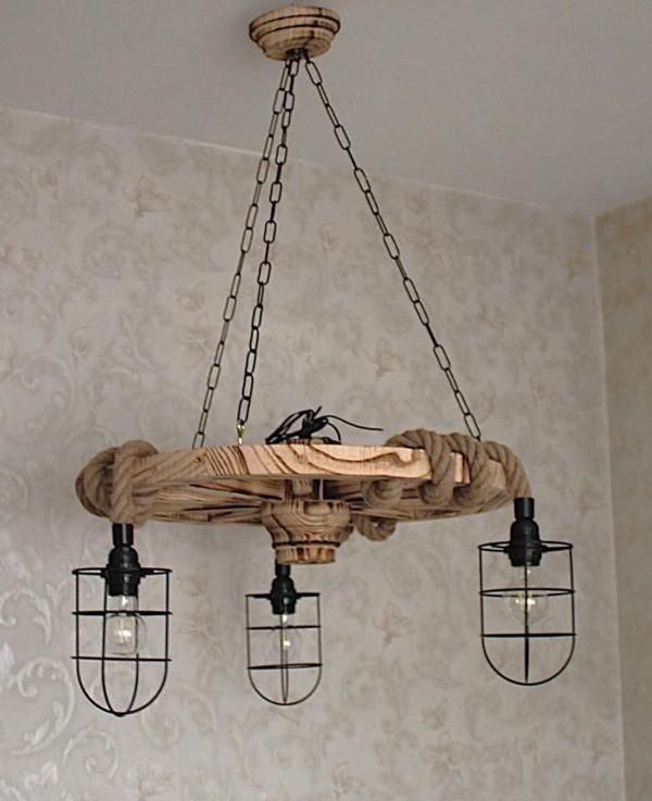 Otantik Çarşı Ahşap Teker Halat Avize 60  cm. 3 Duylu Metal Başlıklı - Image 1
