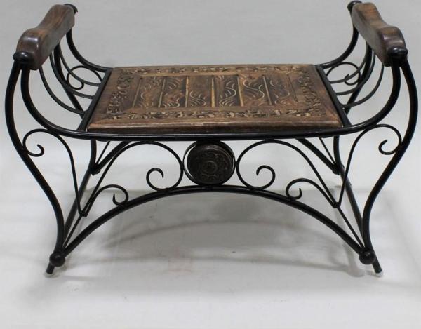 Eskitme Ahşap Ferforje Puf Tabure 64x31x43 cm. KNA250 - Image 1