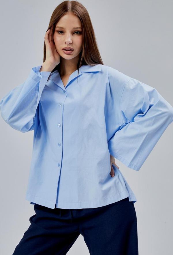 Bebe Mavisi Oversize Poplin Gömlek - Image 1