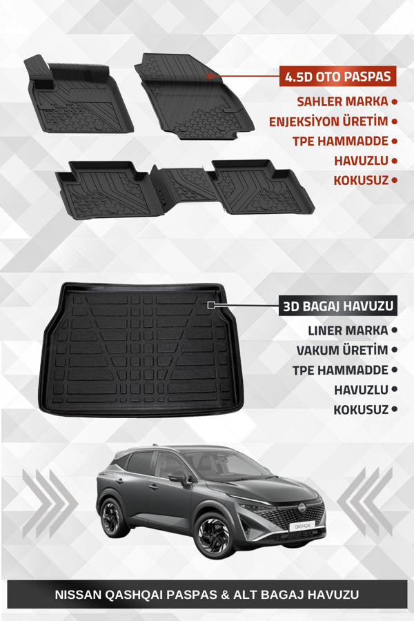 Sahler Qashqai 2024+ Benzinli Uyumlu 4.5D Premium Havuzlu Oto Paspas ve Liner Marka 3D ALT Bagaj Havuzu - Image 1